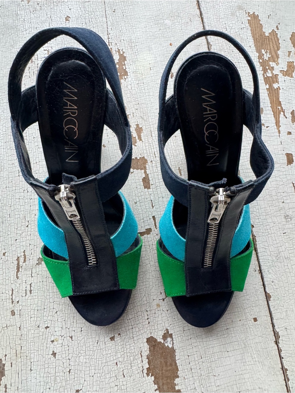 💚 MARC CAIN Colorblock Zip-Front Heeled Sandals
